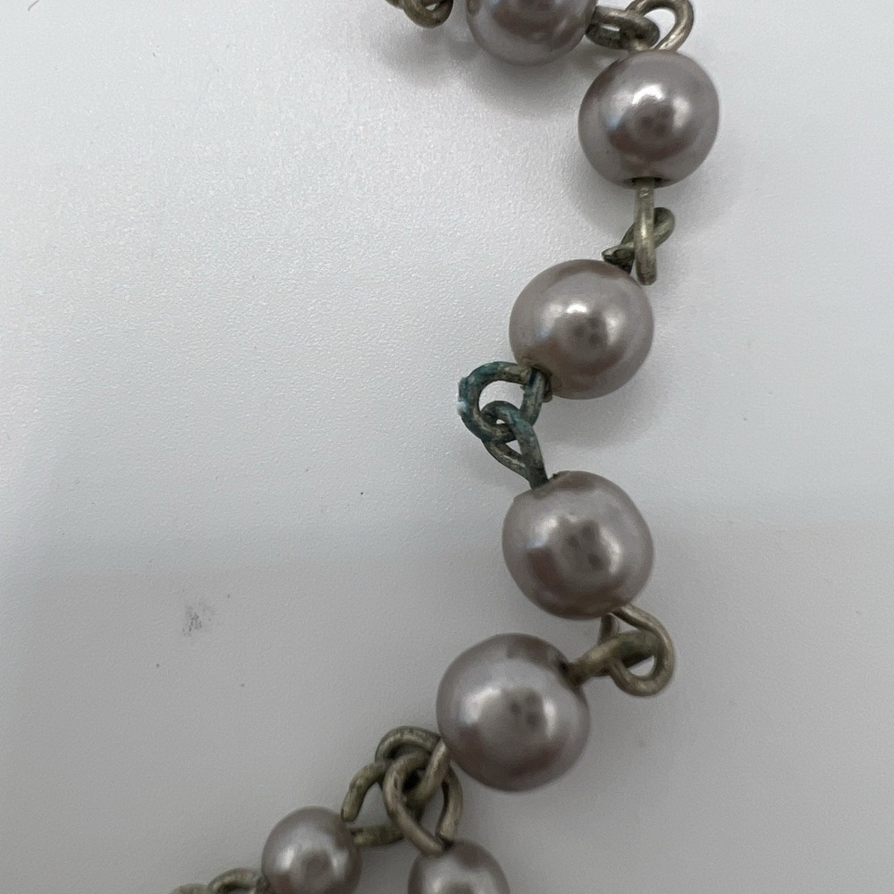Gray Faux Pearl Rhinestone Necklace Double Strand Floral Statement Bib - Picture 6 of 6